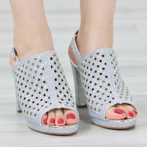 Sparkly Rhinestone Glitter Silver Platform High Heels Open Toe Party Shoes - Picture 5 of 14